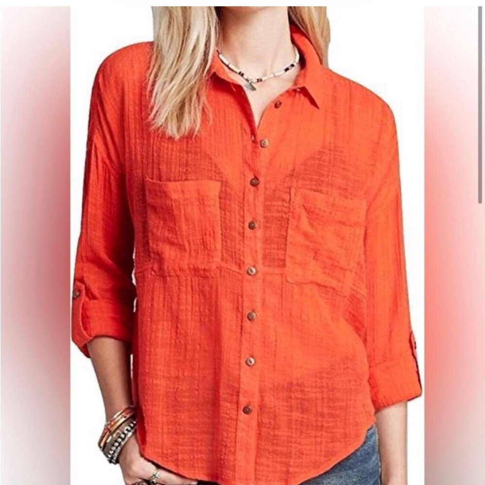 Free People Orange Cuffed Sleeve Button Down Shirt